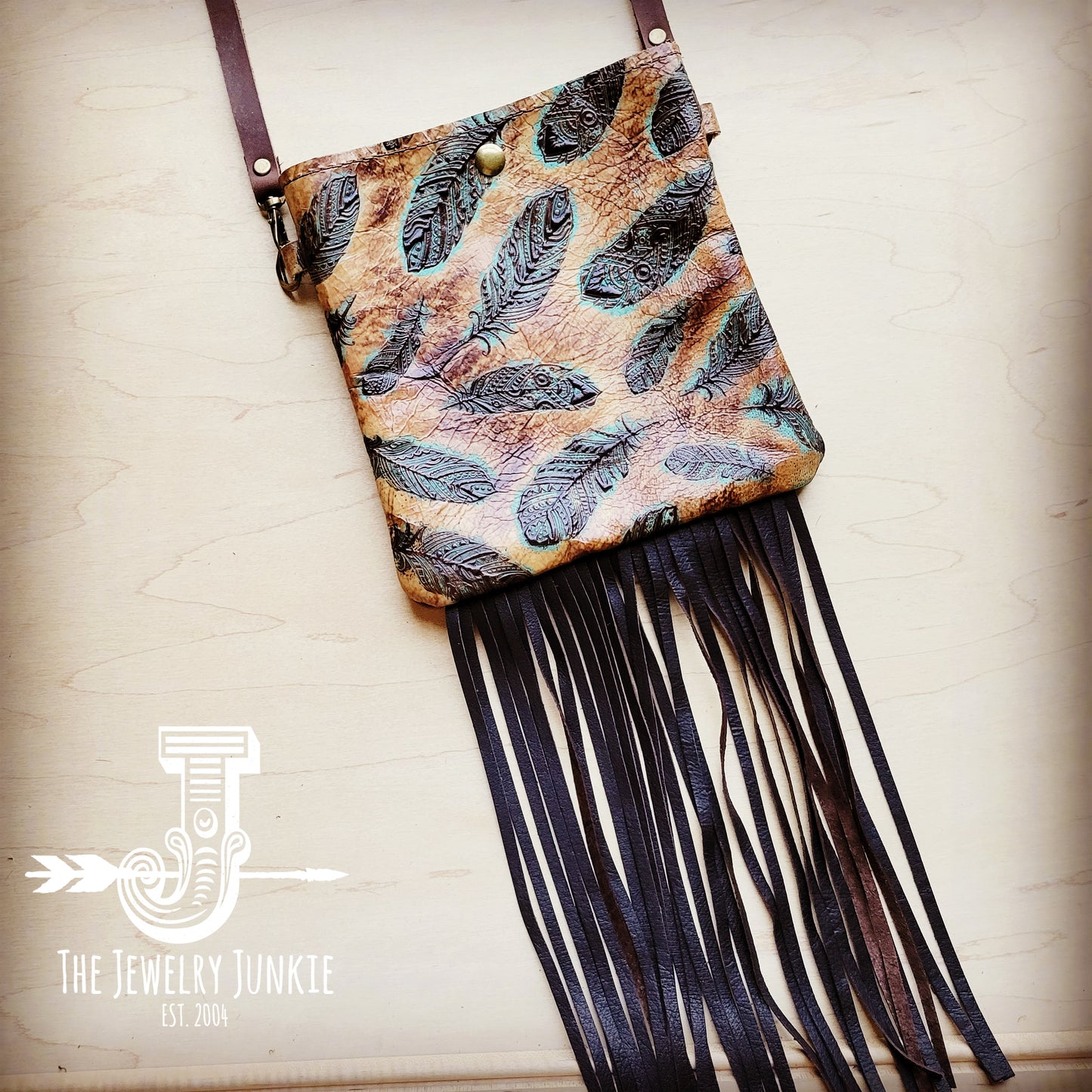 **Small Crossbody Handbag w/ Plumas Sepia Leather & Fringe 509y