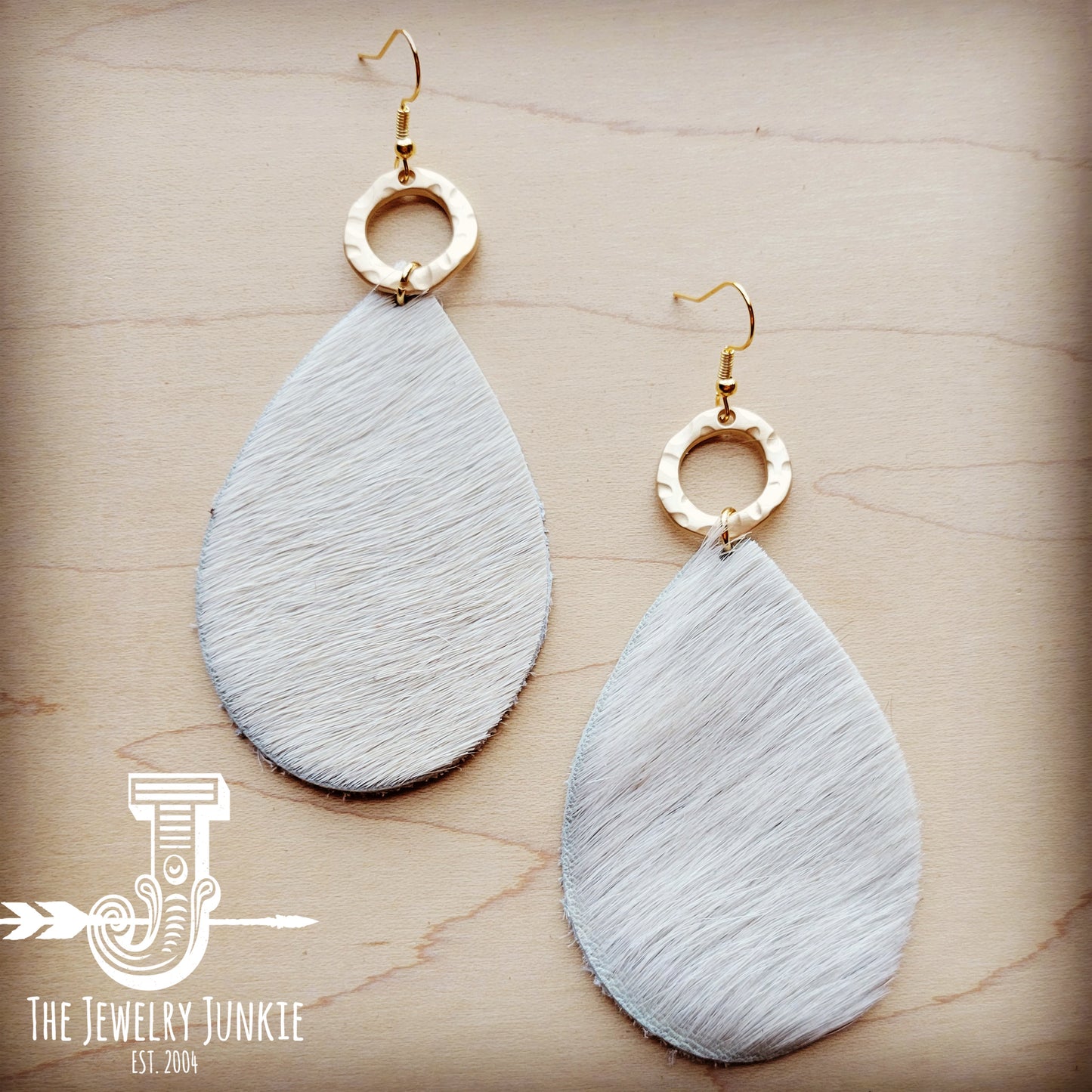 Leather Teardrop Earrings Light Hair-on-Hide w/ Matte Gold Hoop 208b