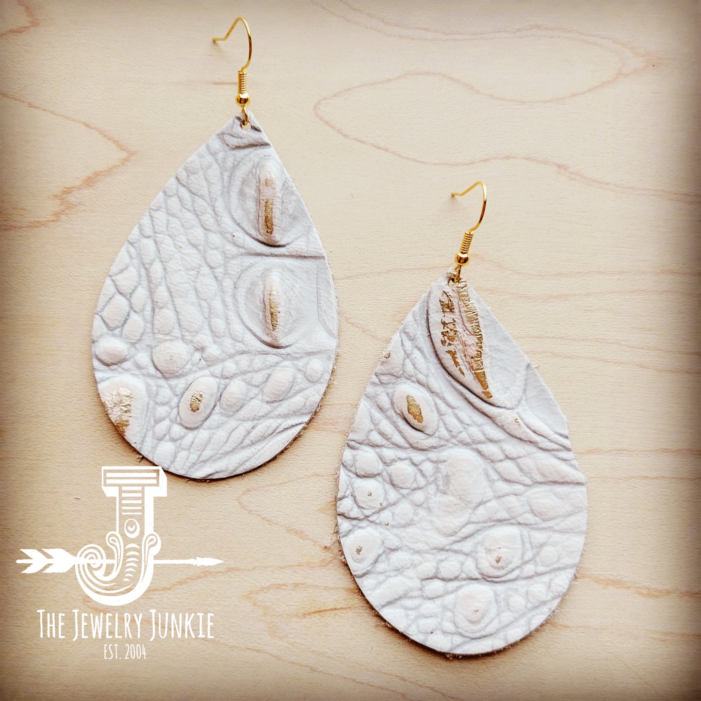 Leather Teardrop Earring-White and Gold Gator 210h