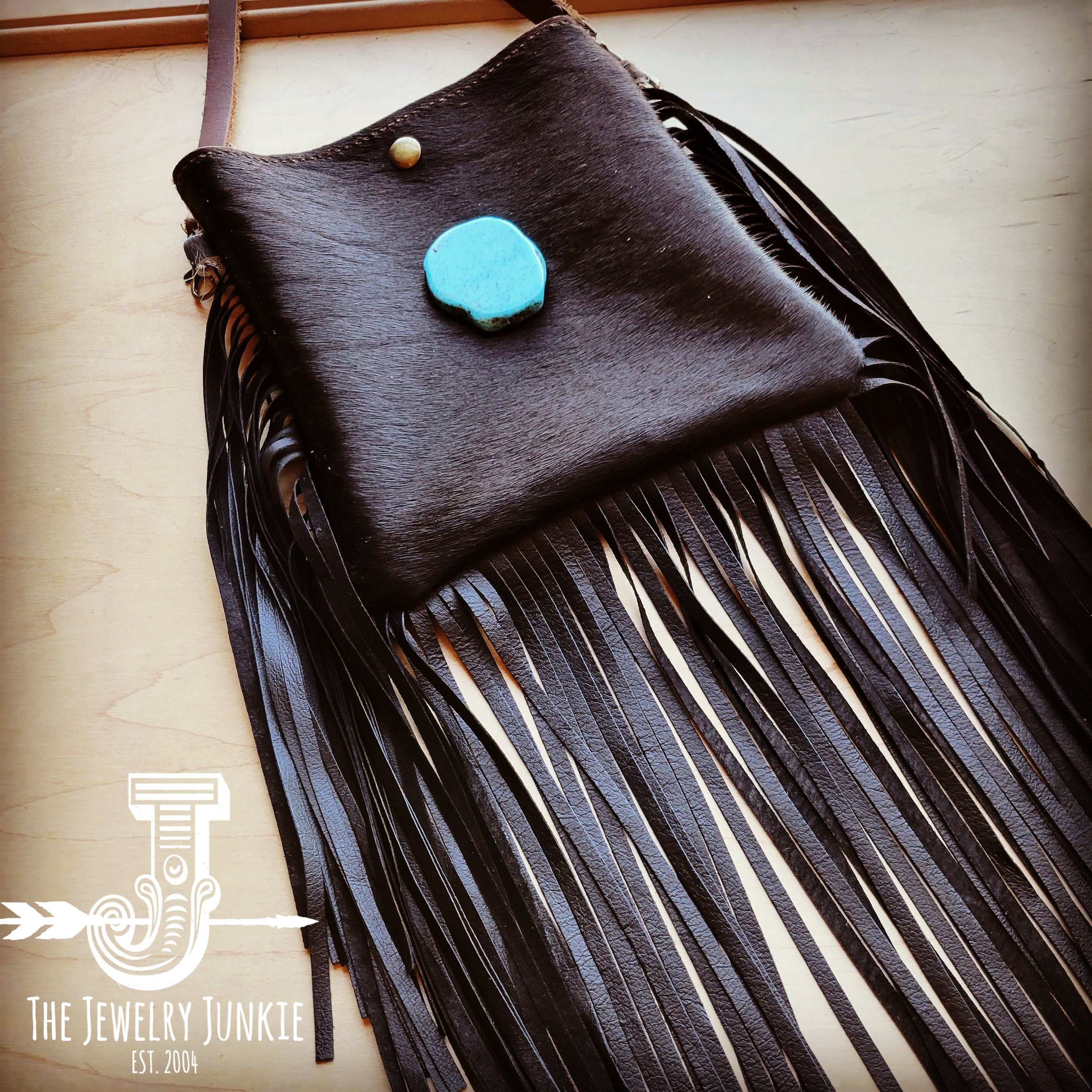 Boho Black Leather Fringe Crossbody Purse 