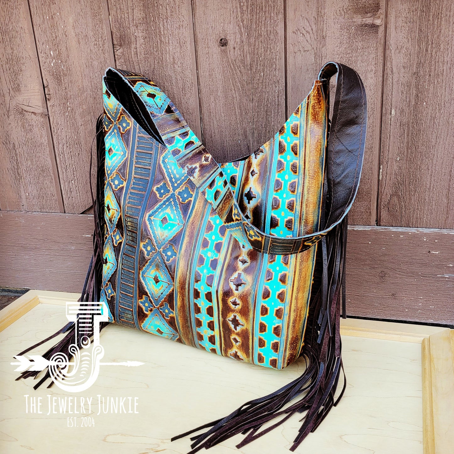 Montana Embossed Leather Hobo Handbag in Blue Navajo 508n