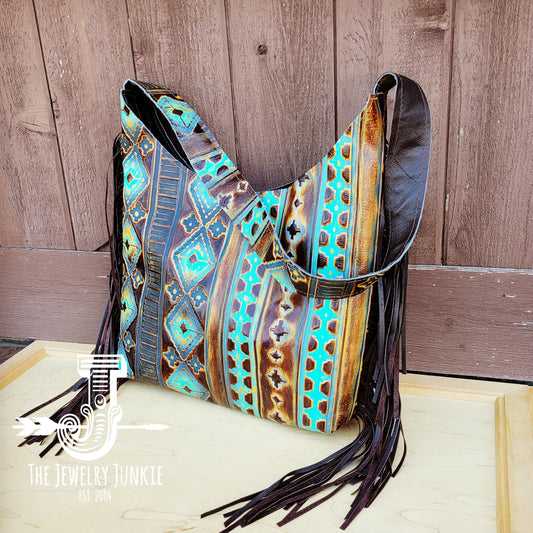 Montana Embossed Leather Hobo Handbag in Blue Navajo 508n