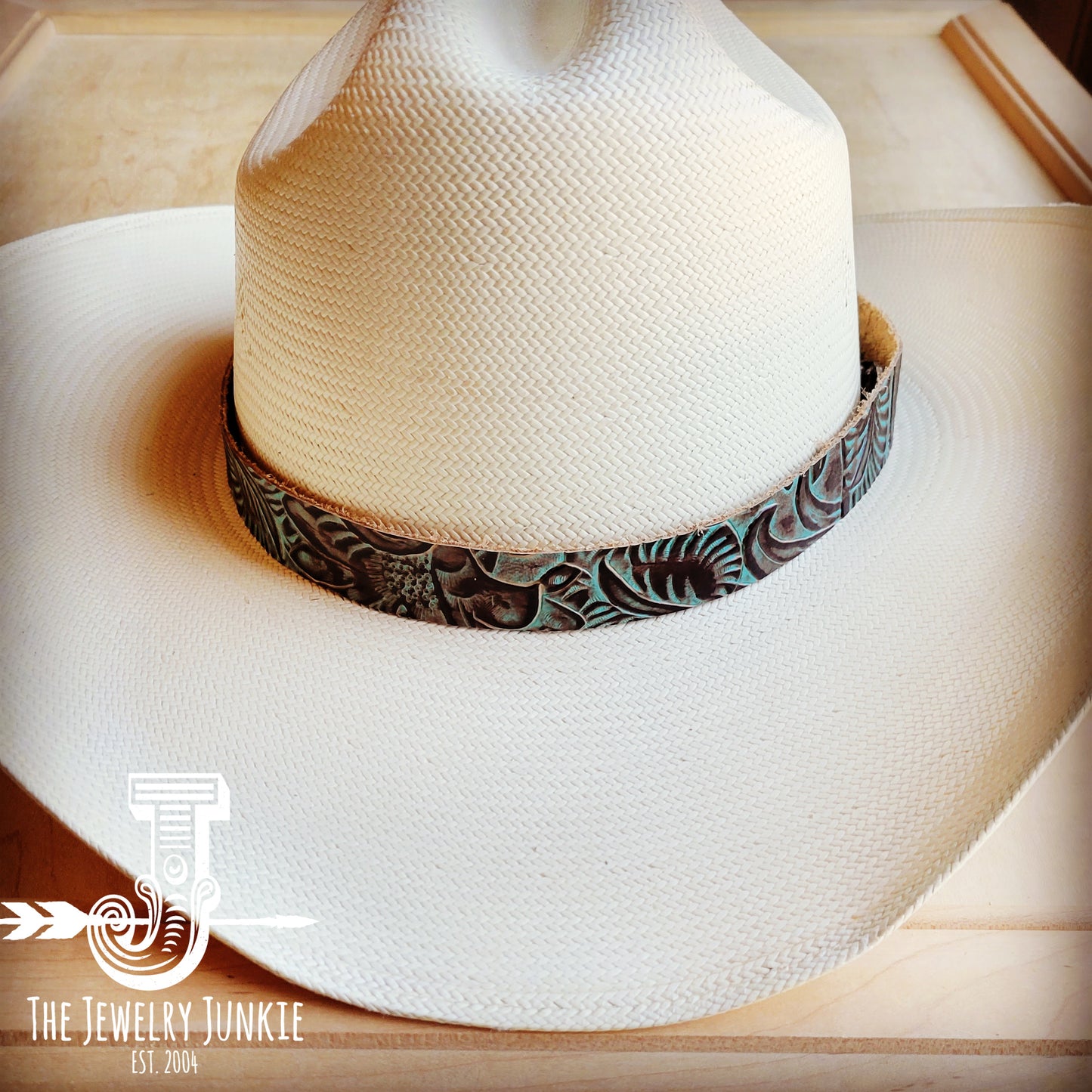 Brown Turquoise Floral Embossed Leather Hat Band