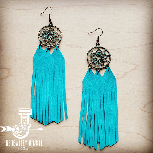 **Dream Catcher Earrings w/ Leather Fringe-Turquoise 207x