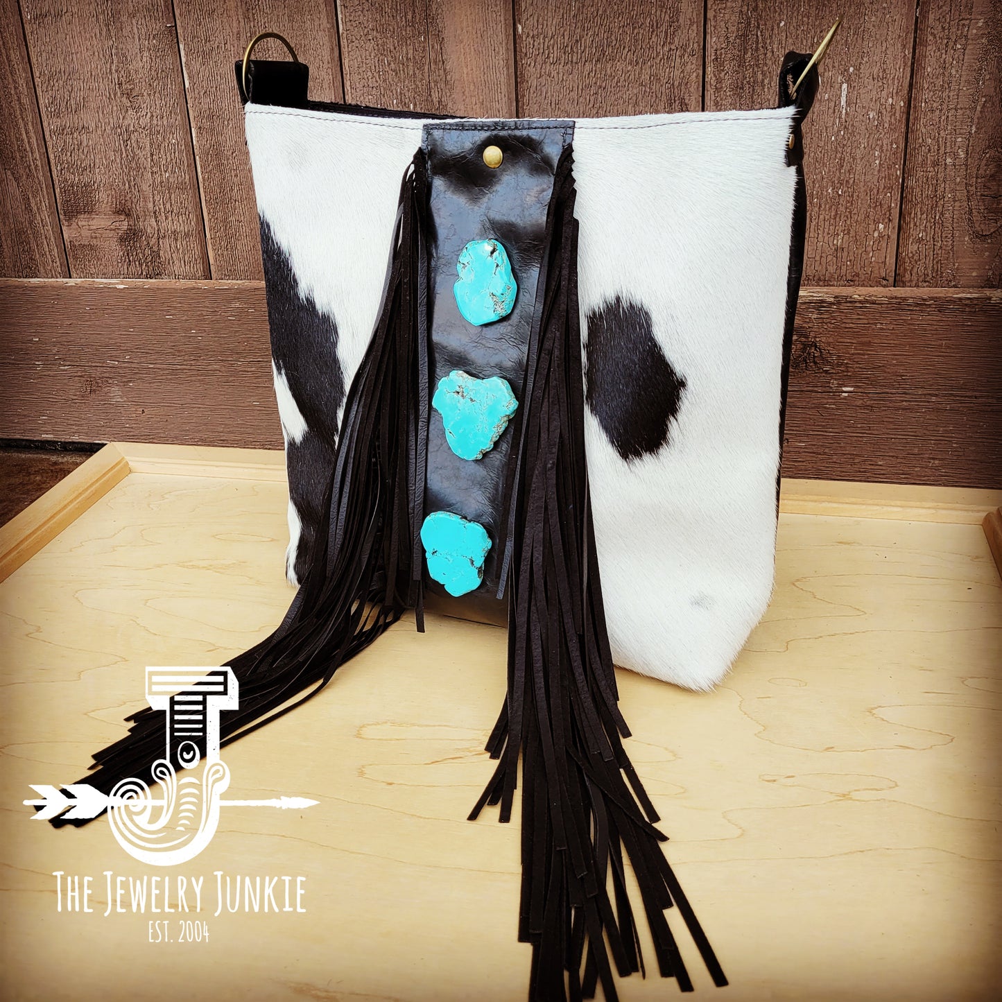Tejas Leather Bucket Handbag Black & White with Triple Turquoise 510k