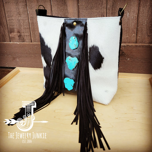 Tejas Leather Bucket Handbag Black & White with Triple Turquoise 510k