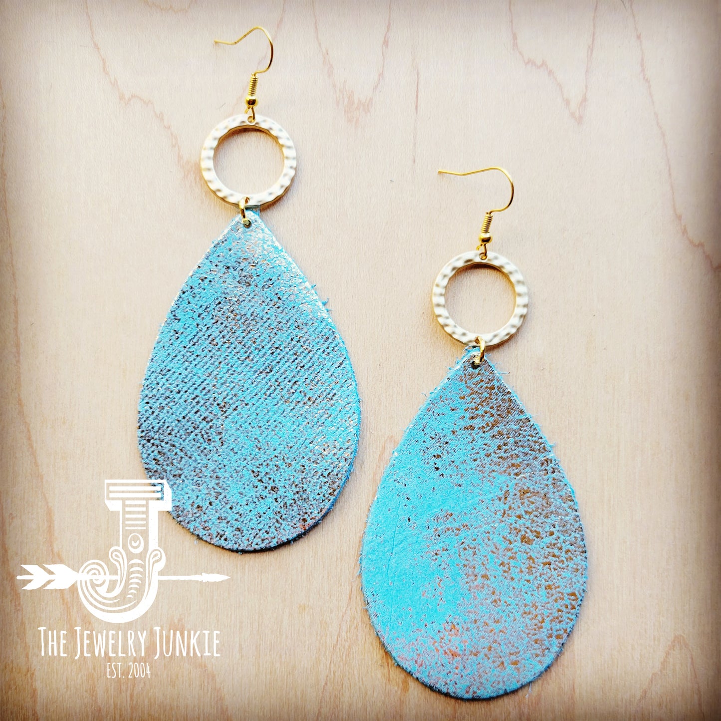 *Leather Teardrop Earrings Heavy Metal Turquoise w/ Matte Gold Hoop 210s