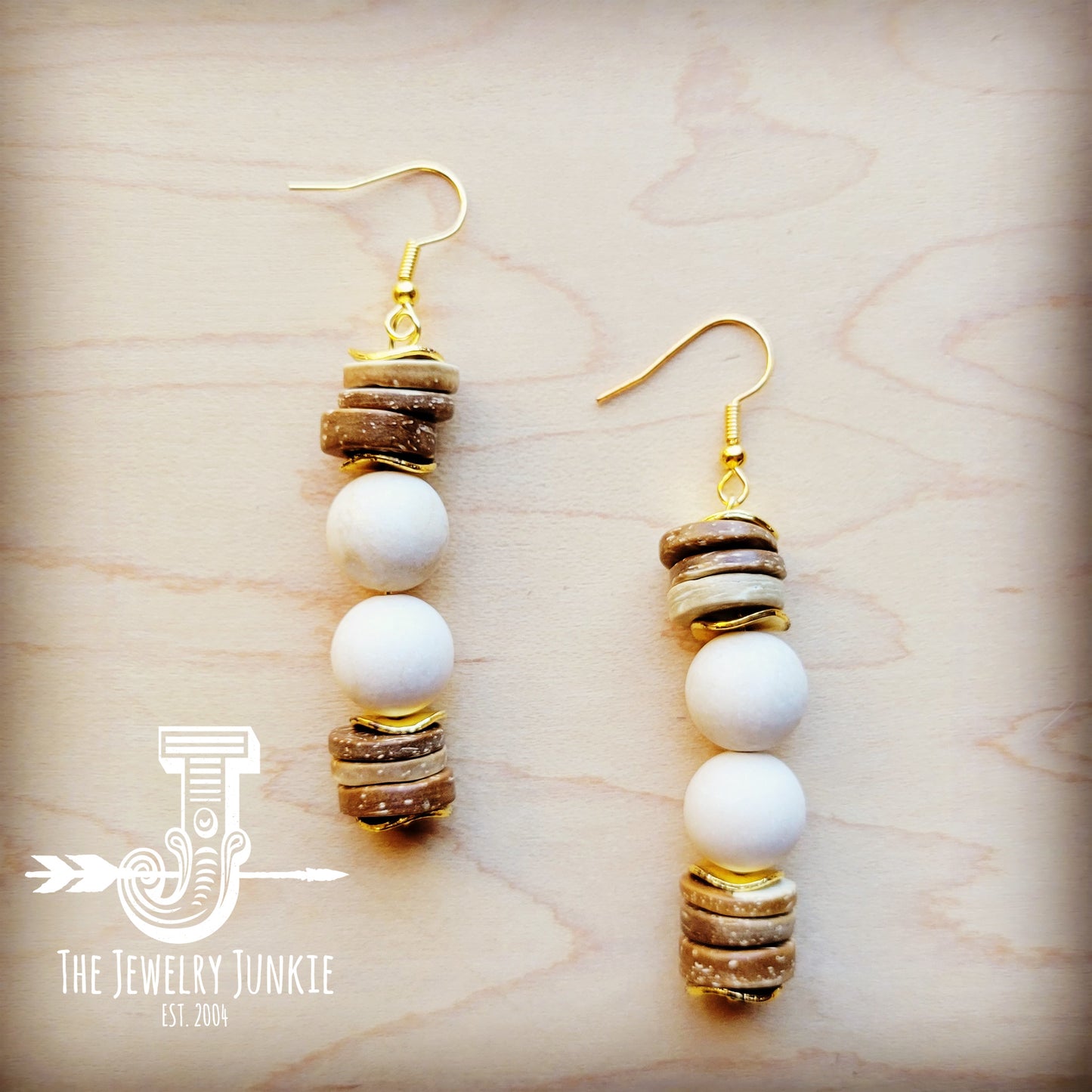 *Cream Fossil Bead Earrings w/ Wood & Gold Accents 212n