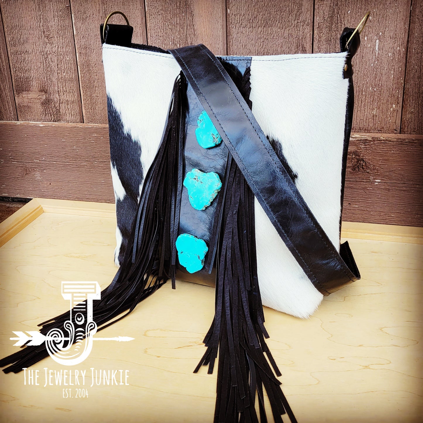Tejas Leather Bucket Handbag Black & White with Triple Turquoise 510k