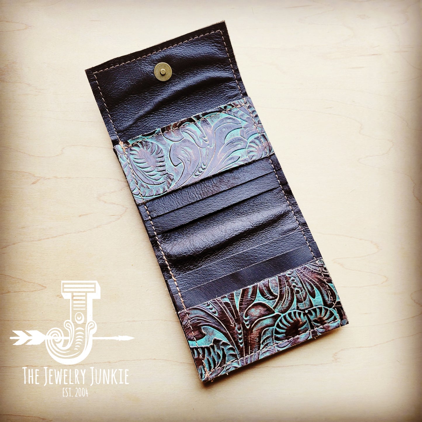 Arizona Tri-Fold Embossed Leather Wallet-Turquoise Brown Floral 303s