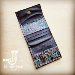 Arizona Tri-Fold Embossed Leather Wallet-Turquoise Brown Floral 303s