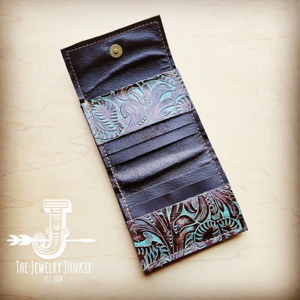 Arizona Tri-Fold Embossed Leather Wallet-Turquoise Brown Floral 303s