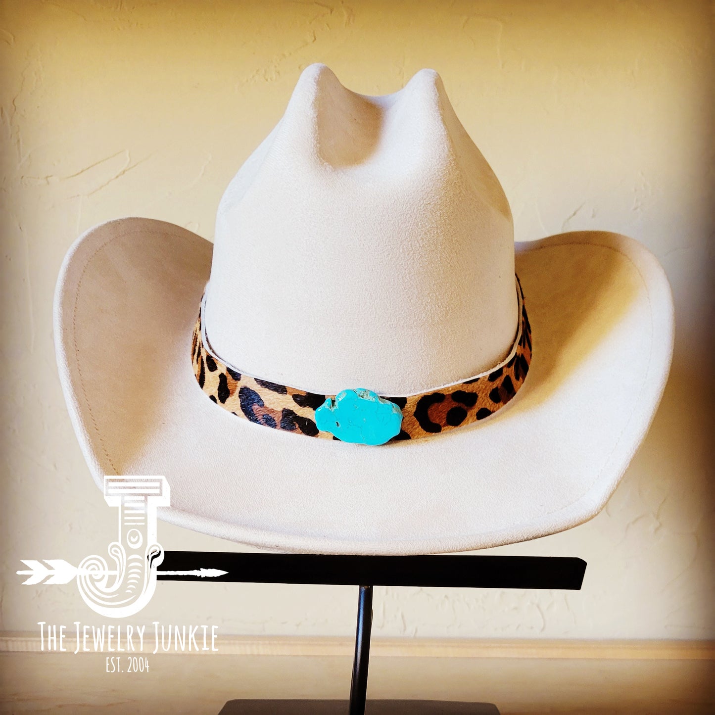 Leopard Hair on Hide Leather Hat Band Only w/ Turquoise Slab 950w