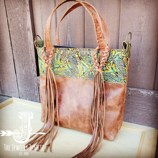Tejas Leather Bucket Hide Handbag with Dallas Turquoise Accent 506t