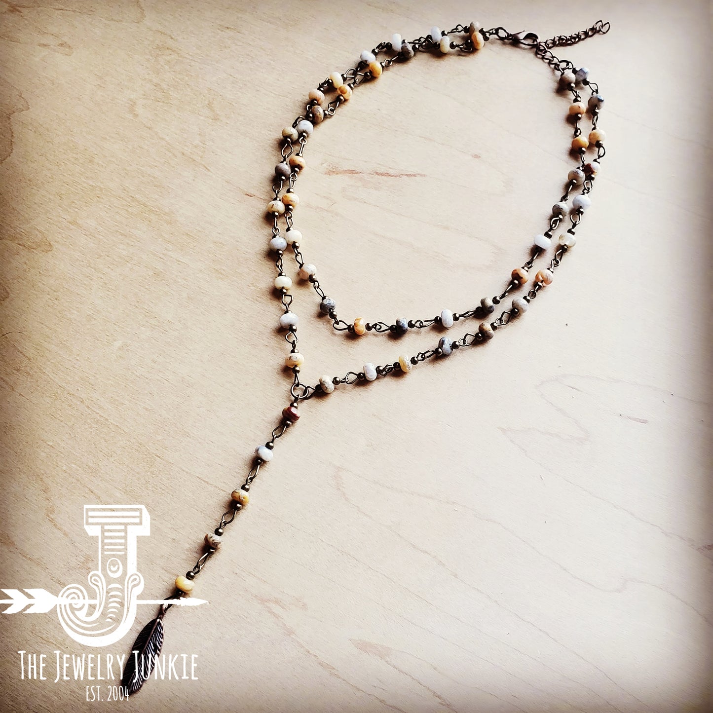 Double Strand Lariat Natural Agate Necklace w/ Copper Feather 251f