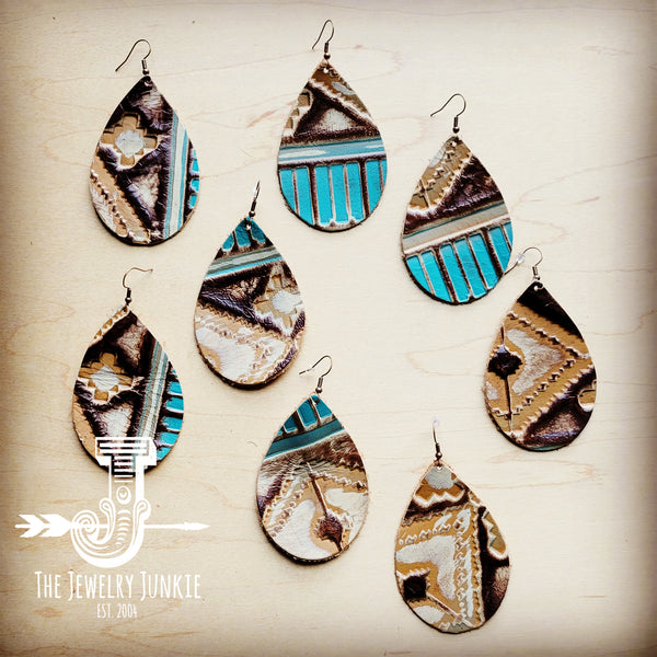 **Leather Teardrop Earrings-Turquoise Sahara Navajo 209k