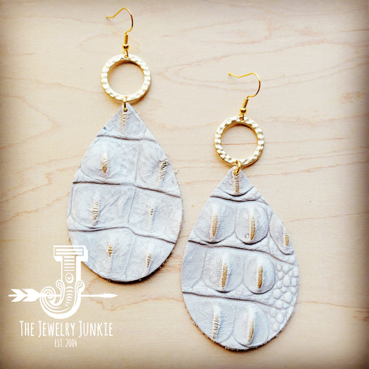 Leather Teardrop Earrings White Gold Gator w/ Matte Gold Hoop