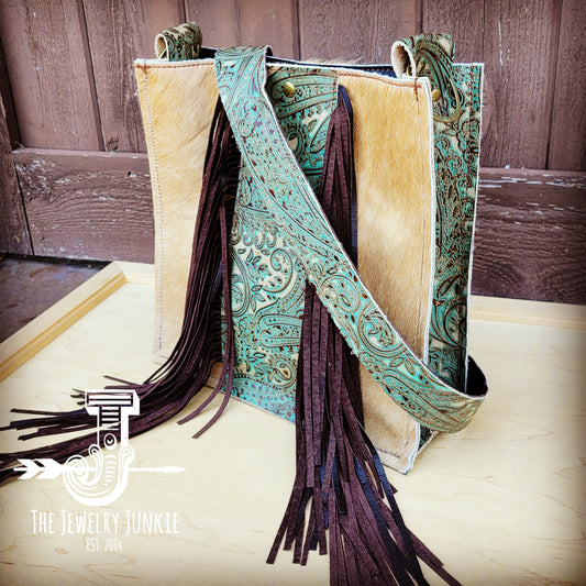 **Hair on Hide Box Handbag w/ Turquoise Brown Paisley Accents 508k