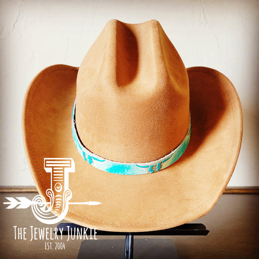 Tan Cowgirl Western Felt Hat w/ Turquoise Steer Genuine Leather Band 980t