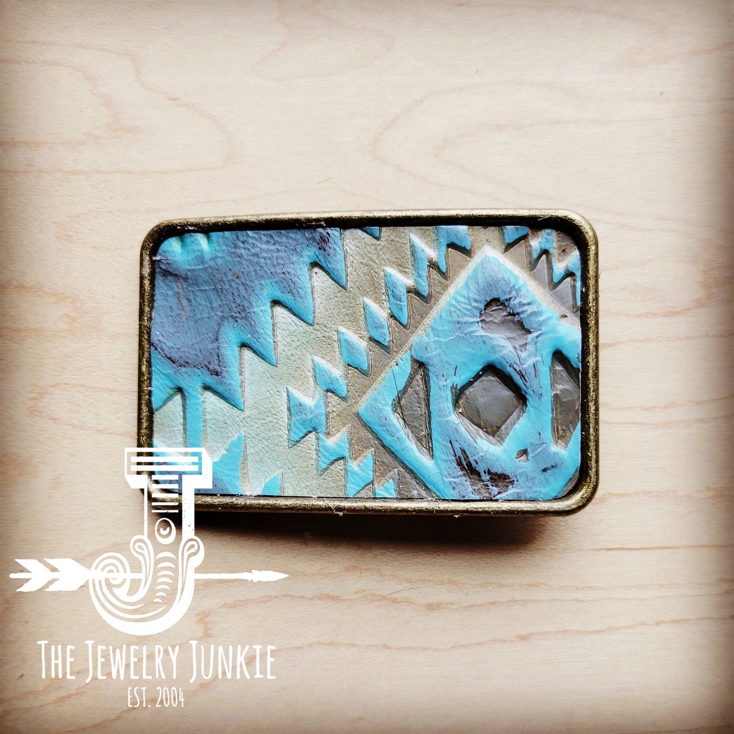 *Rectangle Leather Belt Buckle Aztec Cyan 903u
