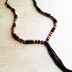 Multi-Colored Turquoise Necklace with Wood Beads and Leather Tassel 236B
