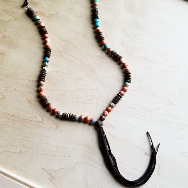 Multi-Colored Turquoise Necklace with Wood Beads and Leather Tassel 236B