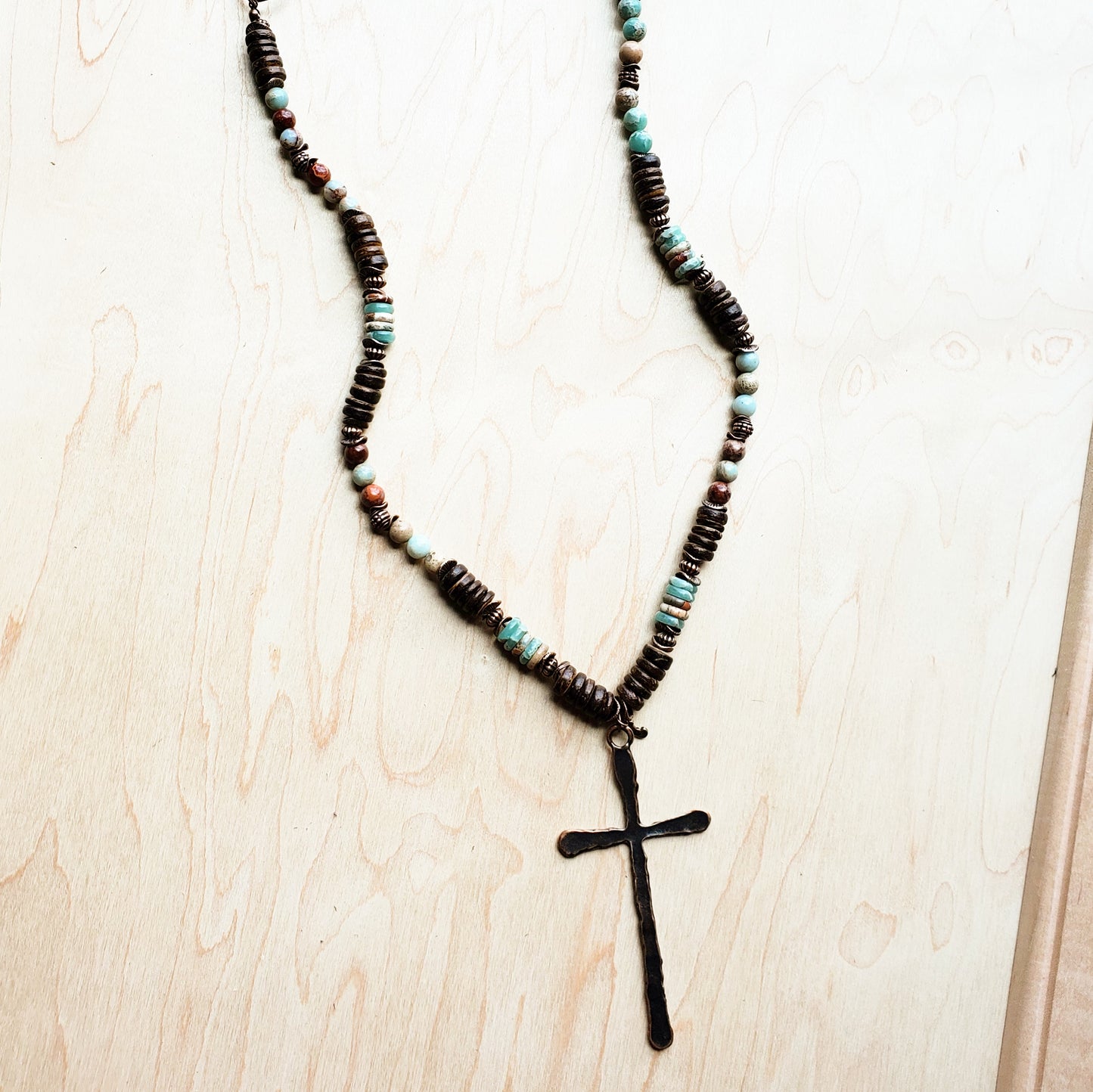 Aqua Terra Wood Necklace with Copper Cross 237d