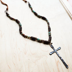 Aqua Terra Wood Necklace with Copper Cross 237d