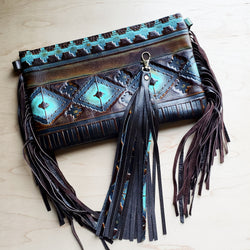 Blue Navajo Leather Embossed Clutch Handbag 502h