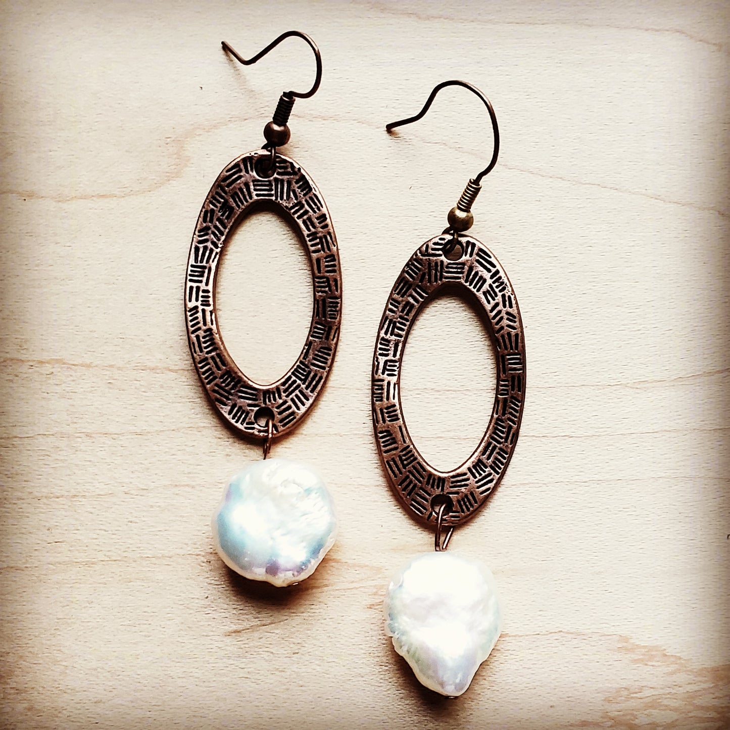 *Genuine Shell Pearl Coin Dangle on Copper Hoop Earrings 243f