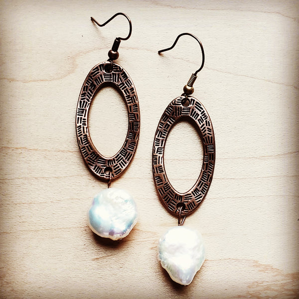 *Genuine Shell Pearl Coin Dangle on Copper Hoop Earrings 243f
