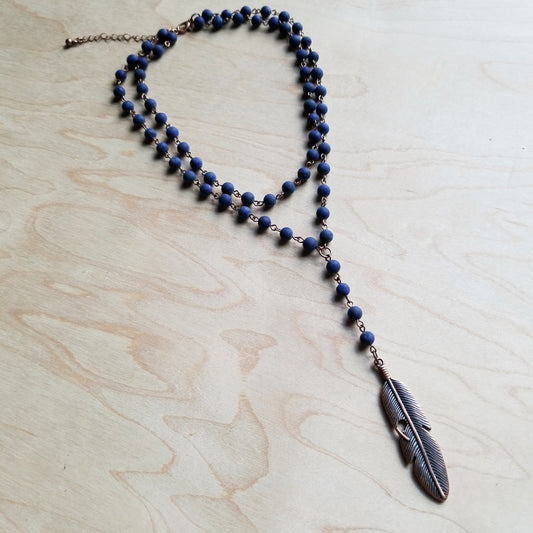 Double Strand Lariat in Frosted Blue Lapis with Copper Feather 244z - The Jewelry Junkie