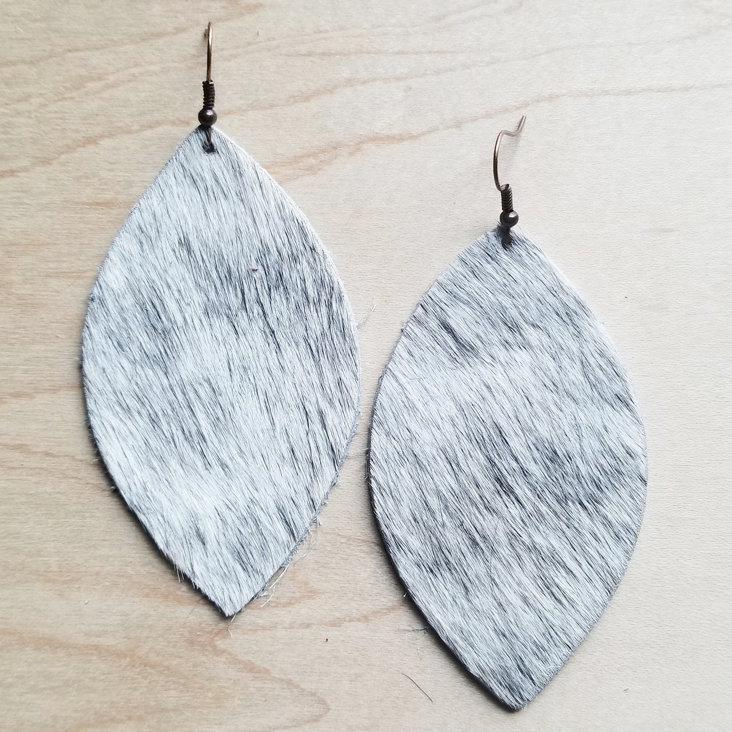 Leather Oval Earrings in White and Gray Hair-on-Hide 221v - The Jewelry Junkie