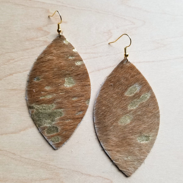 Leather Oval Earrings in Tan and Gold Metallic Hair-on-Hide 221t - The Jewelry Junkie
