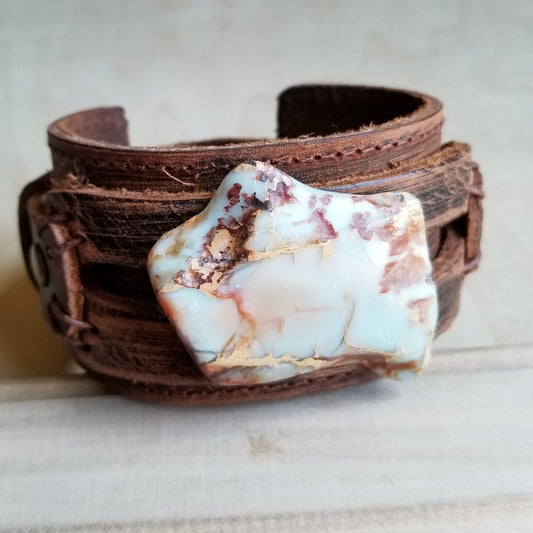 Aqua Terra Slab on Dusty Leather Cuff Bracelet 006a - The Jewelry Junkie