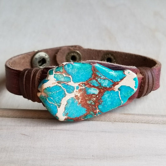 Narrow Leather Cuff with Regalite Slab 005x - The Jewelry Junkie