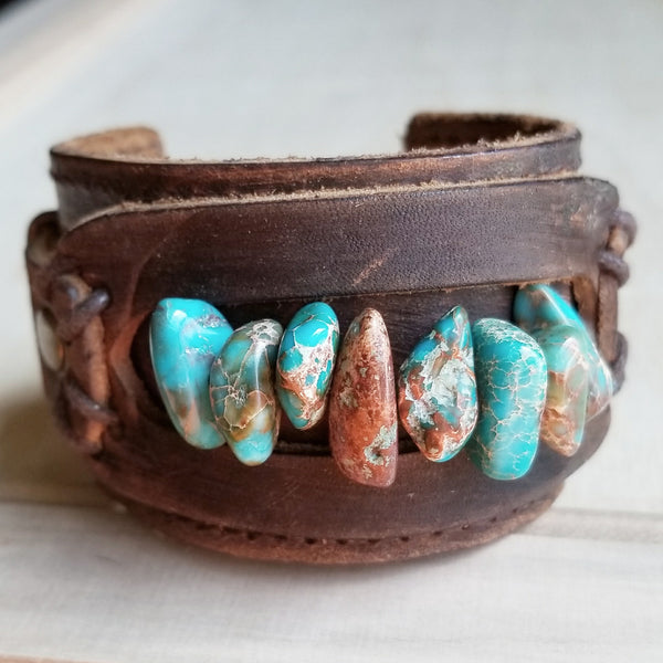 Dusty Leather Cuff with Turquoise Regalite Gemstone Chunks 006d - The Jewelry Junkie