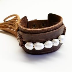 Vintage Leather Cuff with Freshwater Pearl Accent Strand 004Y - The Jewelry Junkie