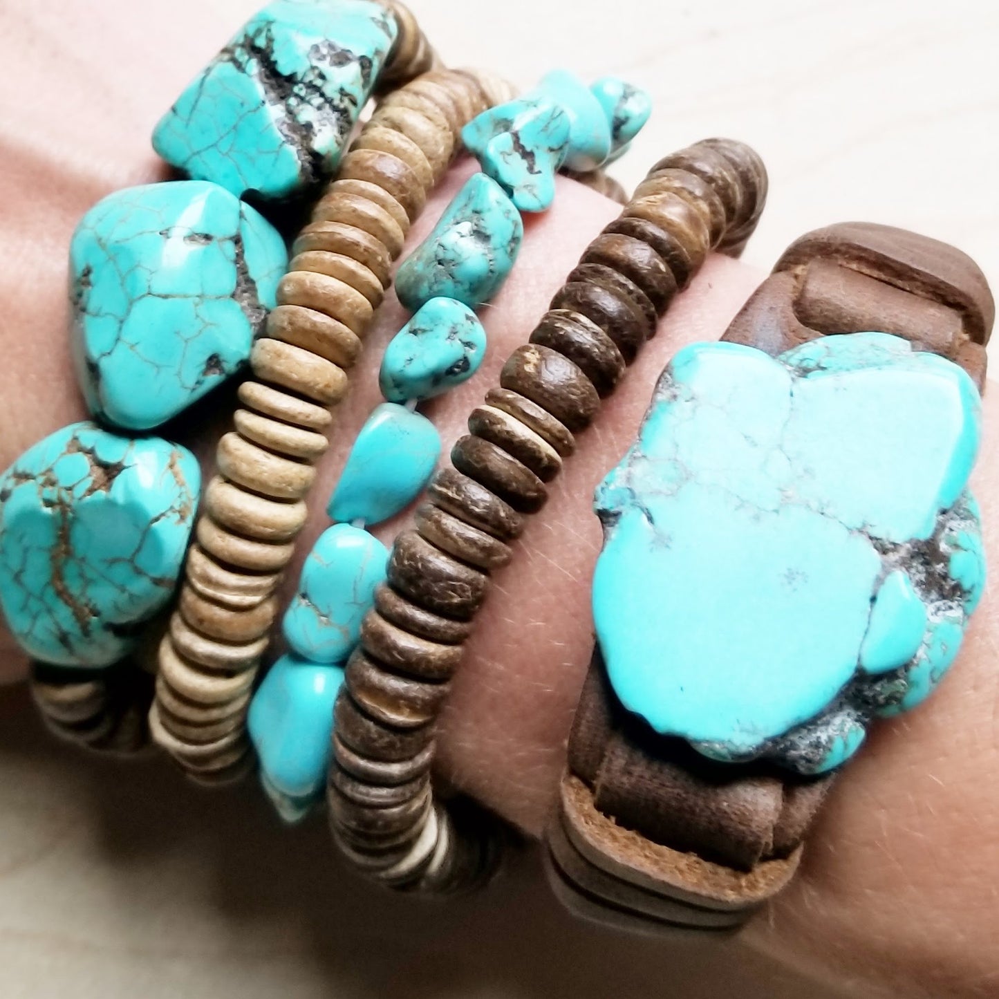 Blue Turquoise Chunk on Narrow Leather Cuff 005W - The Jewelry Junkie