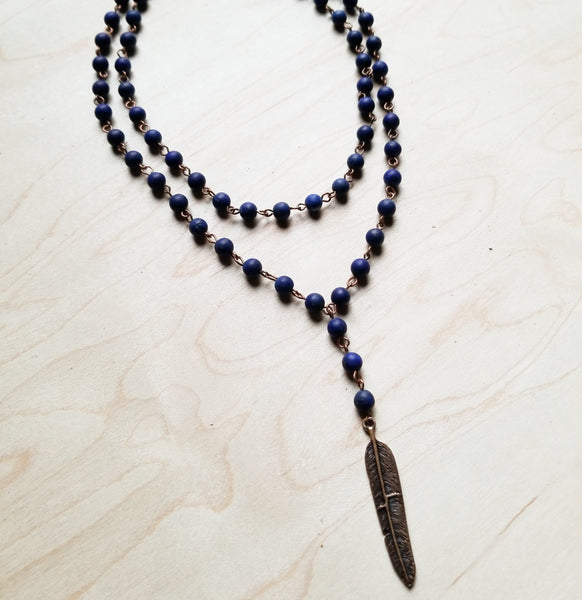 Double Strand Lariat in Frosted Blue Lapis with Copper Feather 244z - The Jewelry Junkie