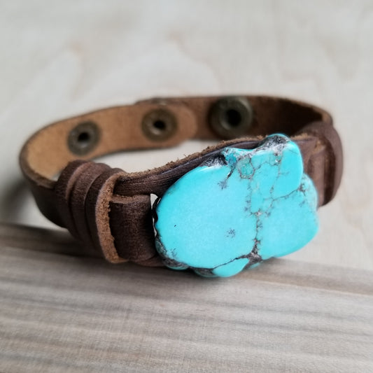 Blue Turquoise Chunk on Narrow Leather Cuff 005W - The Jewelry Junkie