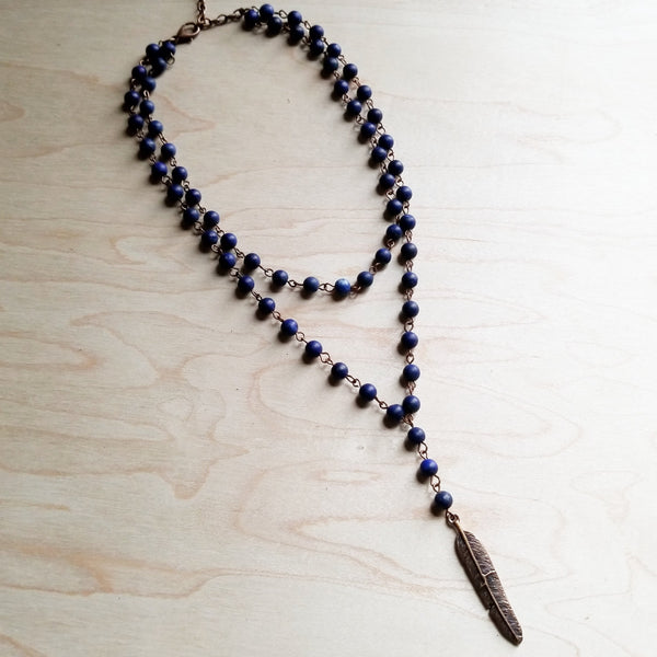 Double Strand Lariat in Frosted Blue Lapis with Copper Feather 244z - The Jewelry Junkie