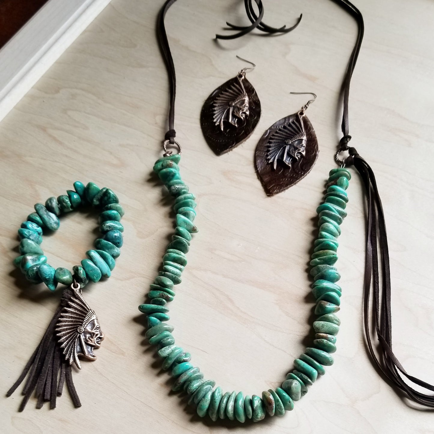 Natural Turquoise Necklace with Leather Tassel Side Tie 245c - The Jewelry Junkie