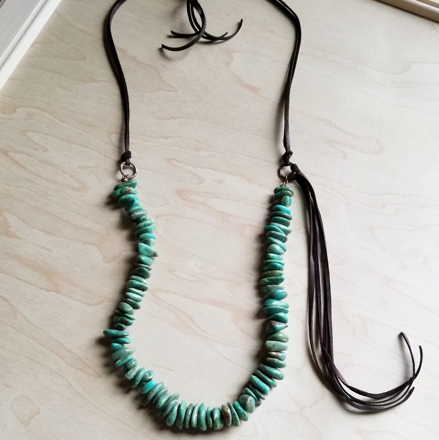 Natural Turquoise Necklace with Leather Tassel Side Tie 245c - The Jewelry Junkie