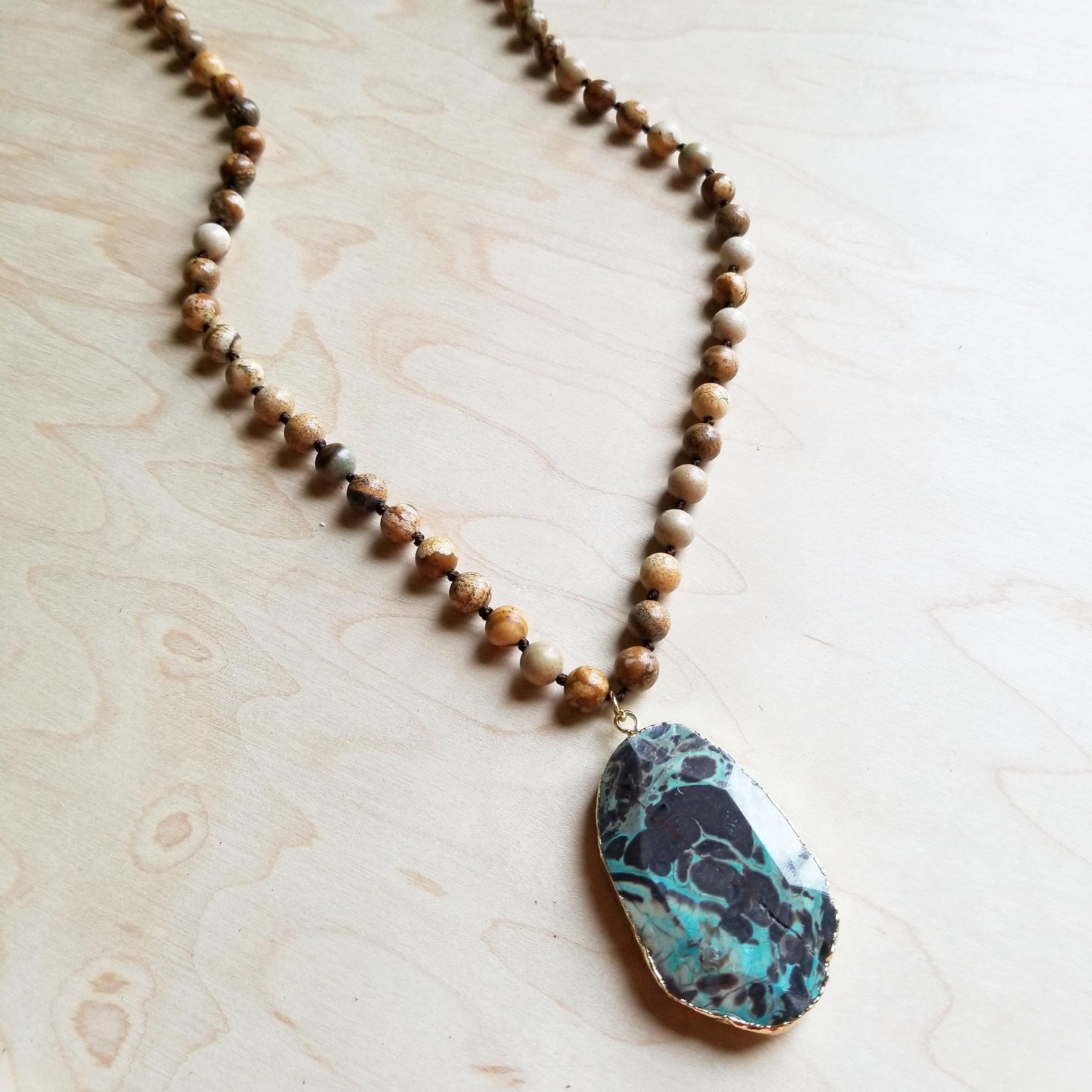 Bohemian Natural JASPER Beaded Necklace with Ocean Agate Pendant 245u - The Jewelry Junkie