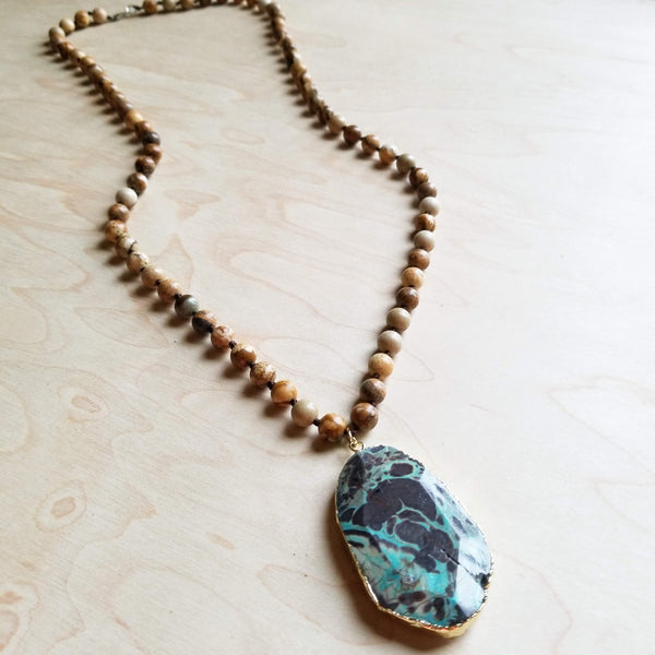 Bohemian Natural JASPER Beaded Necklace with Ocean Agate Pendant 245u - The Jewelry Junkie