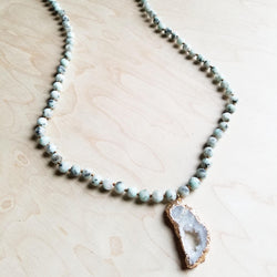 Frosted Sesame Jasper Necklace with White Druzy Pendant 245r - The Jewelry Junkie