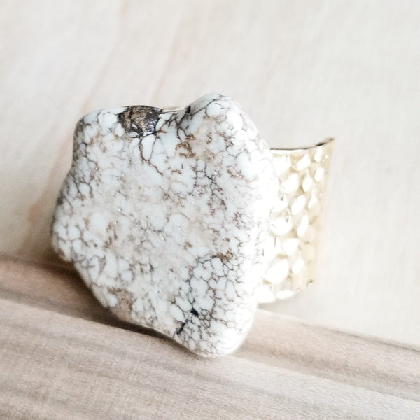 Chunky White Turquoise Slab on Hammered Gold Cuff RingBase 012s - The Jewelry Junkie