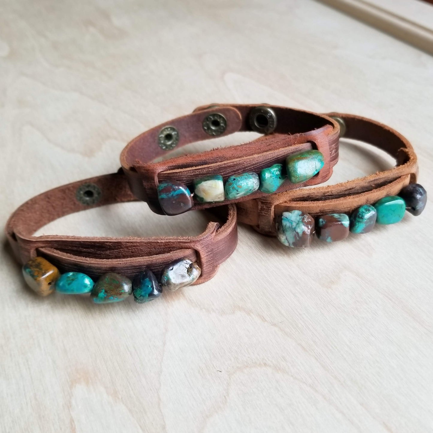 Dusty Leather Narrow Cuff with African Turquoise Chunks 006q - The Jewelry Junkie