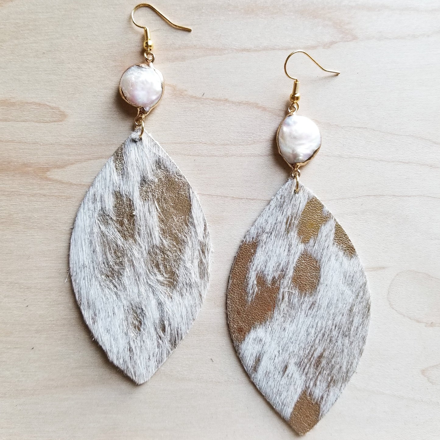Gold and Cream Hide on Hair Leather Earring with Freshwater Pearl Connector 219w - The Jewelry Junkie